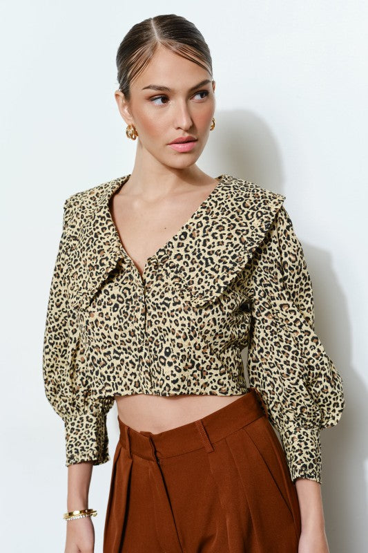 Alejandra Leopard Print Blouse With Statement Wide Collar