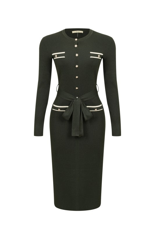 Ellery Long Sleeve Midi Dress W/Contrast High Neck Collar
