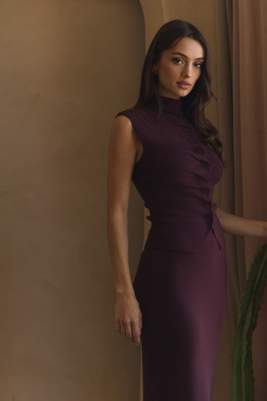 Alinna Pleated Front Top & Skirt Burgundy Set