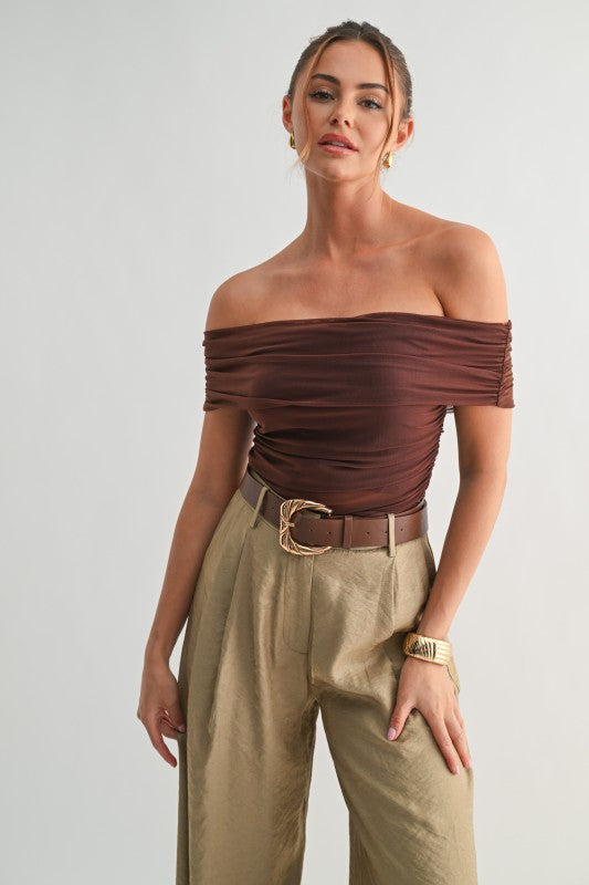 Karla Mesh Off Shoulder Ruched Top