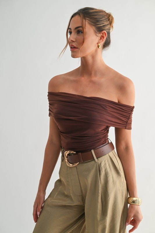 Karla Mesh Off Shoulder Ruched Top