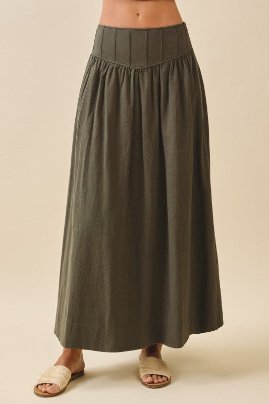 Catalina Textured Sleeveless Crop Top-Stitched V Yoke Waistband Smocked Back Skirt - Olive Color