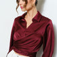 Ingrid Long Sleeve Burgundy Satin Wrap Waist Blouse