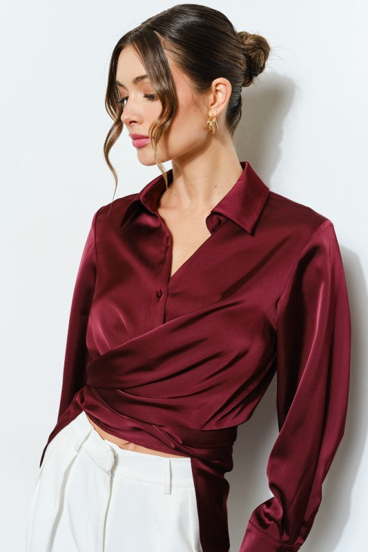 Ingrid Long Sleeve Burgundy Satin Wrap Waist Blouse