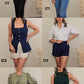 Foto collage con 6 imagenes que muestra variedad de opciones para utilizar el set de vest con cuello cuadrado y pantalón corto en color navy que está en venta en Enso Amara. Puedes utilizar el vest con mahón, pantalón de vestir, pantalón corto color crema para comodidad.  El pantalón corto color navy lo puedes convinar con camisa de botones blanca, camisa verde sin mangas y camisa bordada con mangas aglobadas.