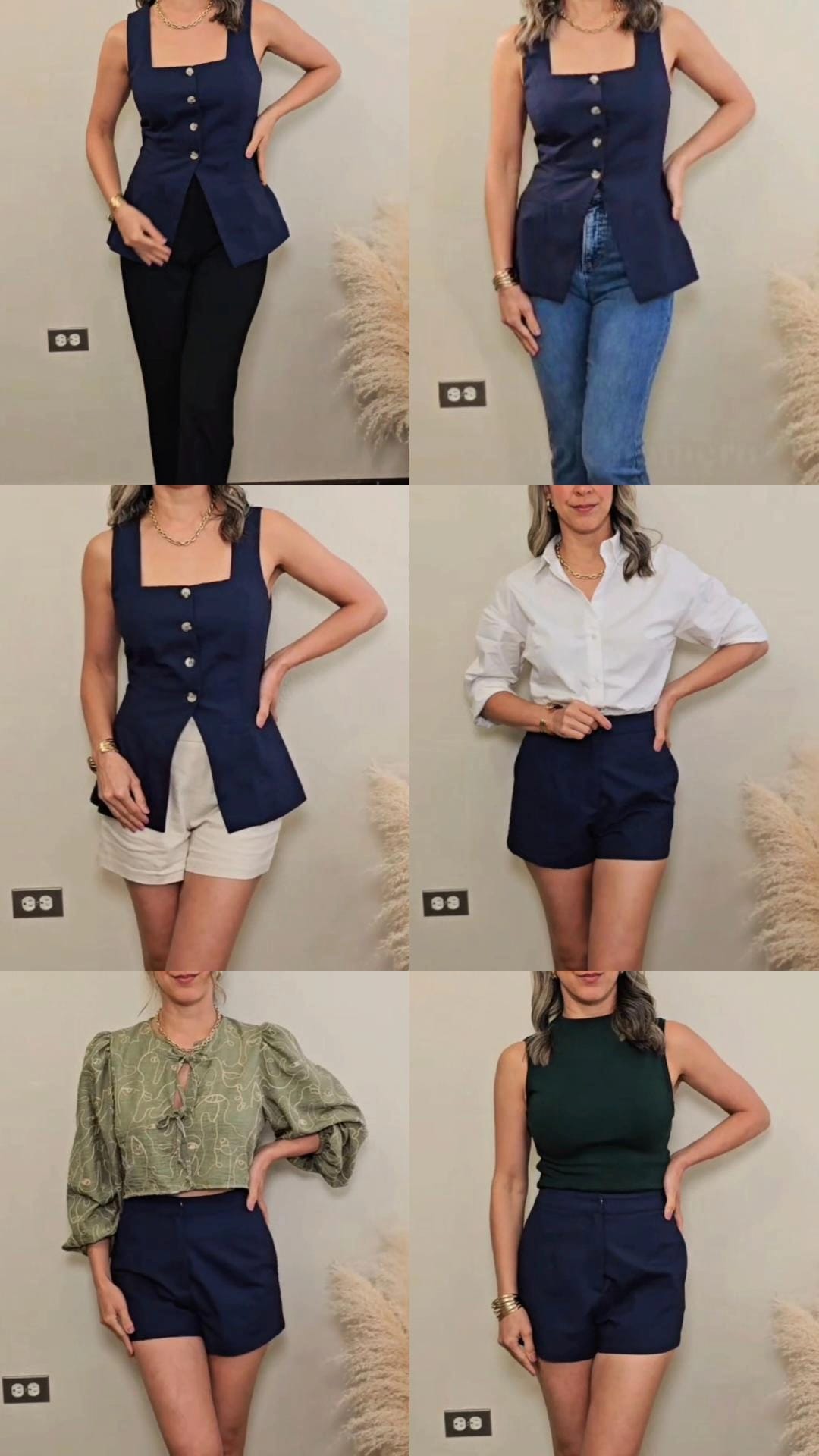 Foto collage con 6 imagenes que muestra variedad de opciones para utilizar el set de vest con cuello cuadrado y pantalón corto en color navy que está en venta en Enso Amara. Puedes utilizar el vest con mahón, pantalón de vestir, pantalón corto color crema para comodidad.  El pantalón corto color navy lo puedes convinar con camisa de botones blanca, camisa verde sin mangas y camisa bordada con mangas aglobadas.