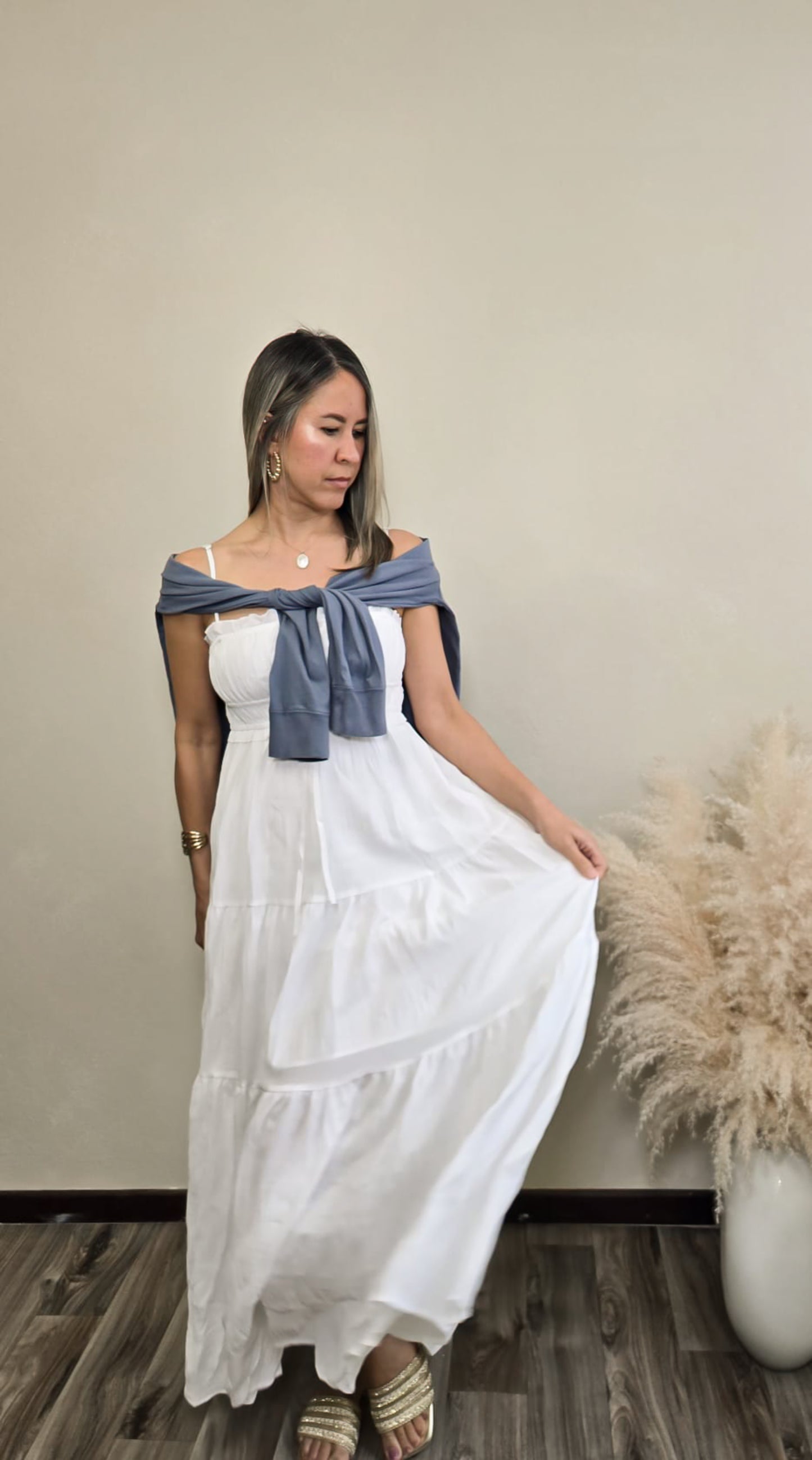 Liara White Maxi Dress with Adjustable Straps and Tiered Skirt - Effortless Feminine Elegance