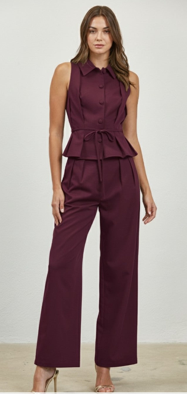 Amira Peplum Top and Wide Leg Pant - Burgundy Set