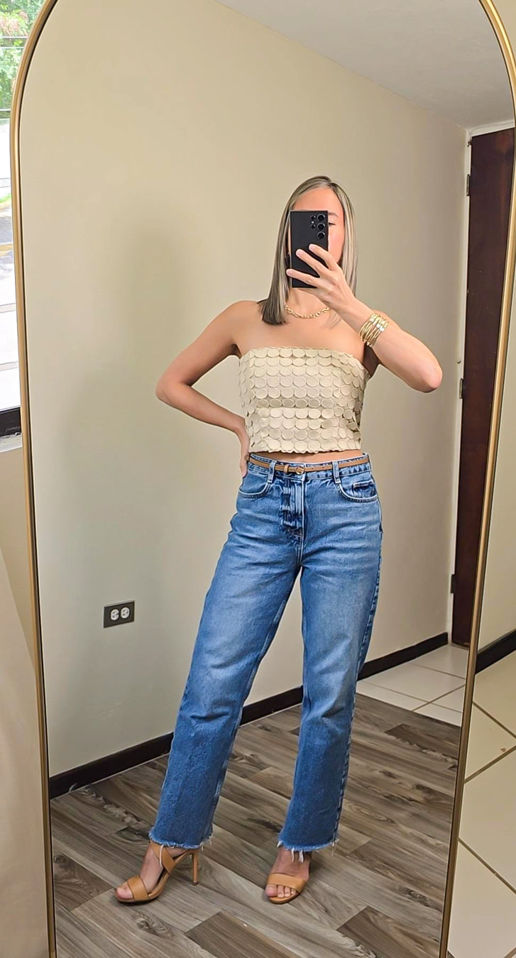 Marlene Statement Strapless Beige Crop Top