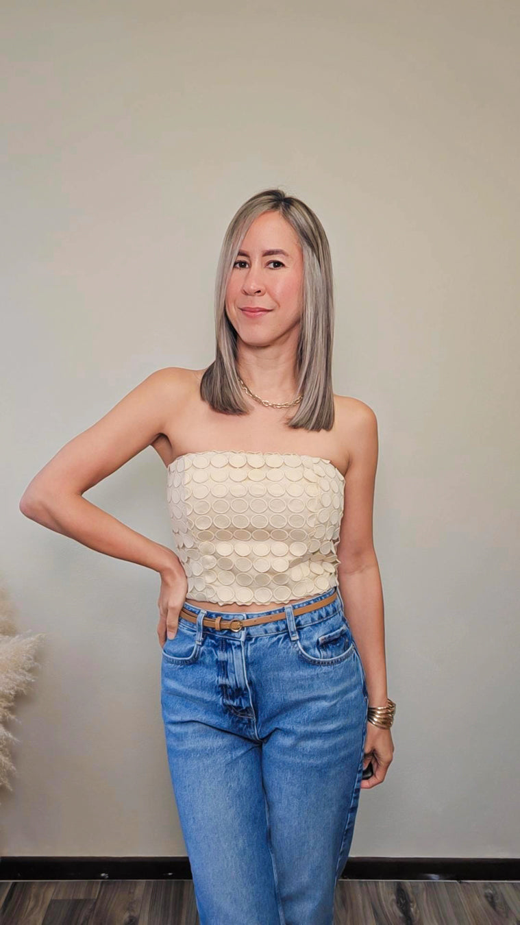 Marlene Statement Strapless Beige Crop Top
