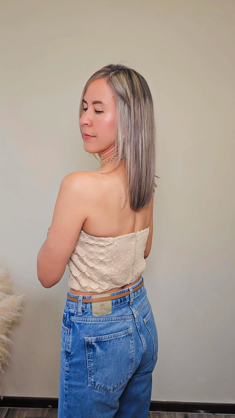 Marlene Statement Strapless Beige Crop Top