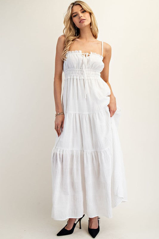 Liara White Maxi Dress with Adjustable Straps and Tiered Skirt - Effortless Feminine Elegance