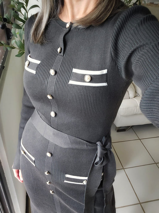 Ellery Long Sleeve Midi Dress W/Contrast High Neck Collar