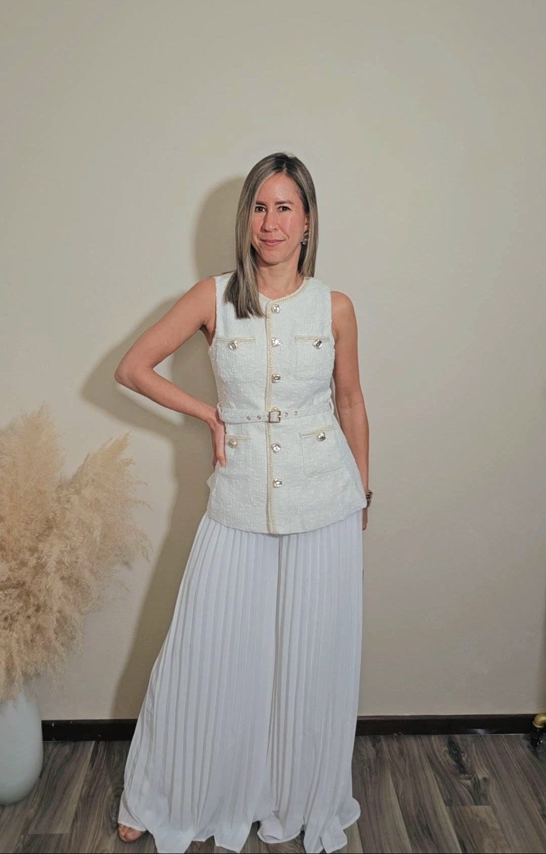 Nere Belted Boucle Vest Top And Pleated Pant Set