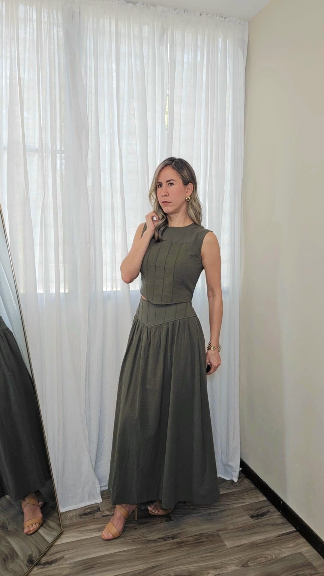 Catalina Textured Sleeveless Crop Top-Stitched V Yoke Waistband Smocked Back Skirt - Olive Color