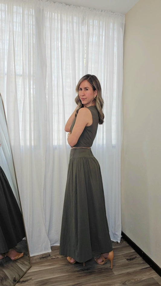 Catalina Textured Sleeveless Crop Top-Stitched V Yoke Waistband Smocked Back Skirt - Olive Color