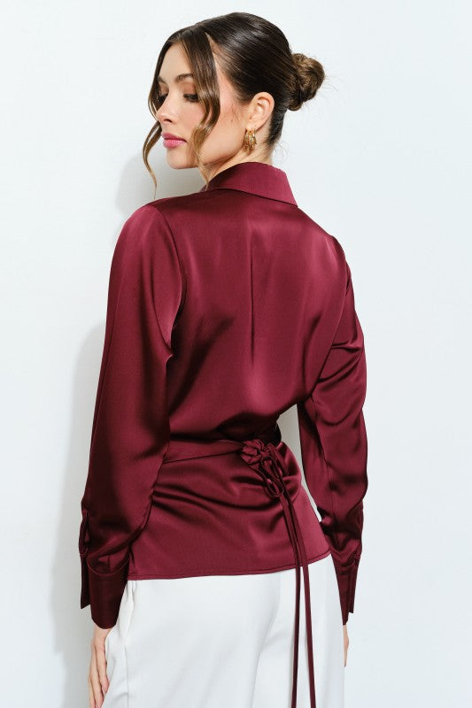 Ingrid Long Sleeve Burgundy Satin Wrap Waist Blouse
