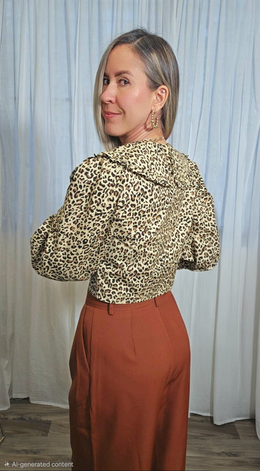 Alejandra Leopard Print Blouse With Statement Wide Collar