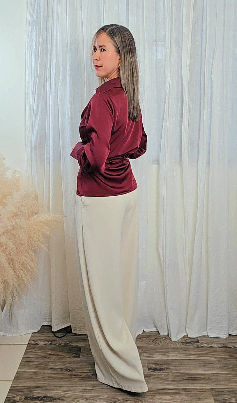 Ingrid Long Sleeve Burgundy Satin Wrap Waist Blouse