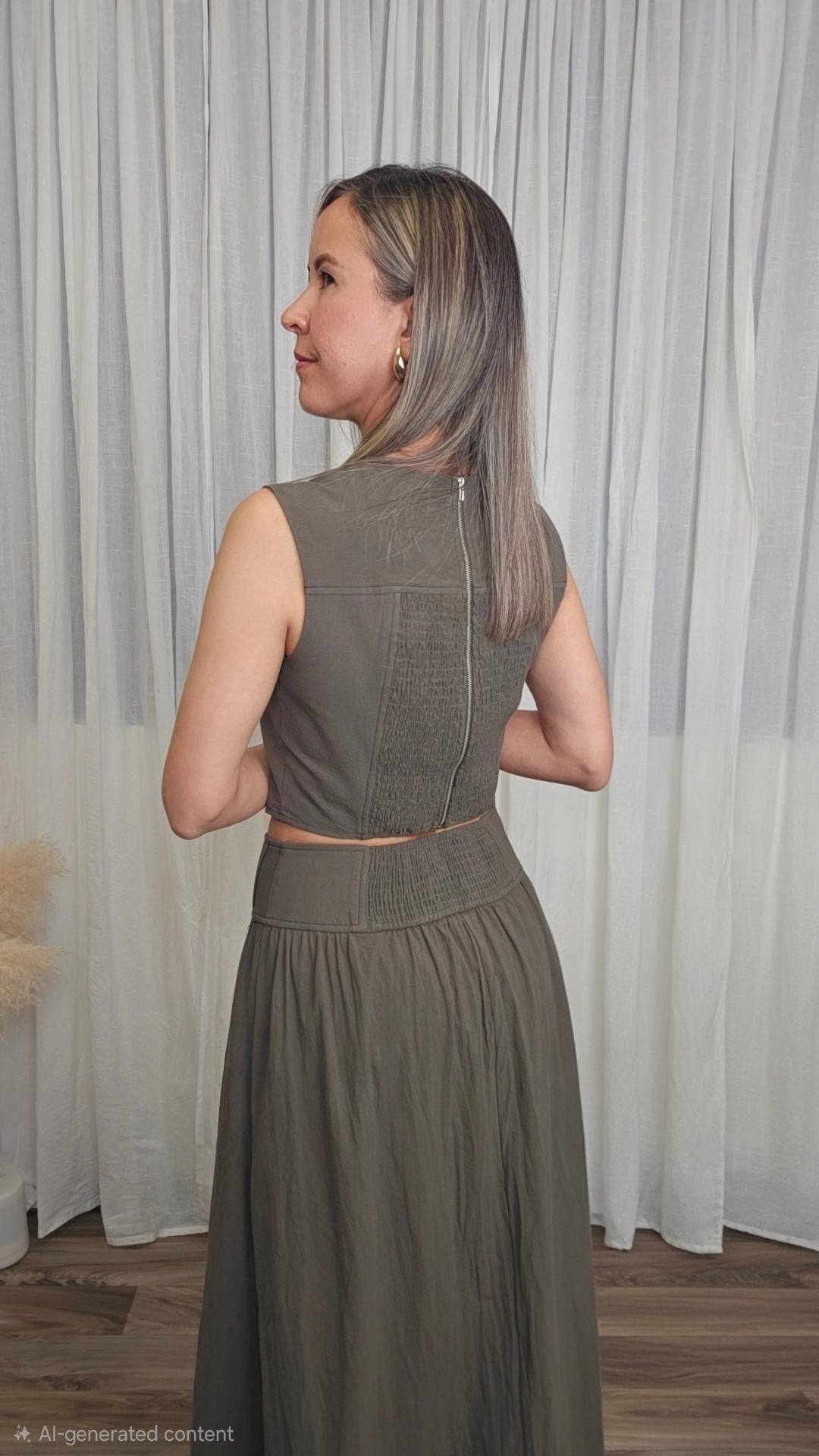 Catalina Textured Sleeveless Crop Top-Stitched V Yoke Waistband Smocked Back Skirt - Olive Color
