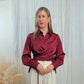 Ingrid Long Sleeve Burgundy Satin Wrap Waist Blouse