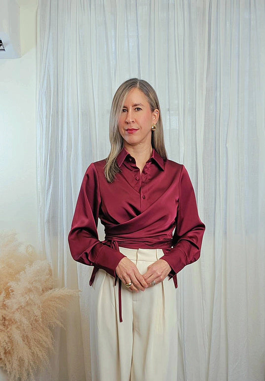 Ingrid Long Sleeve Burgundy Satin Wrap Waist Blouse