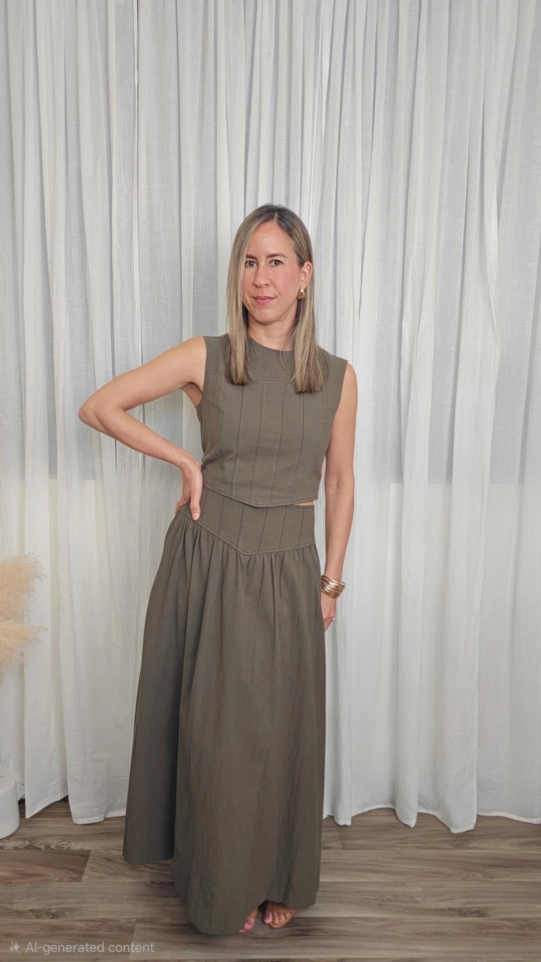 Catalina Textured Sleeveless Crop Top-Stitched V Yoke Waistband Smocked Back Skirt - Olive Color