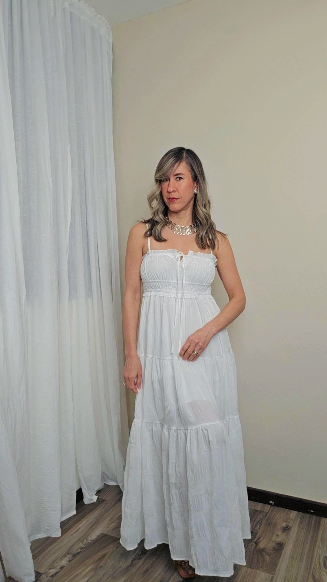 Liara White Maxi Dress with Adjustable Straps and Tiered Skirt - Effortless Feminine Elegance