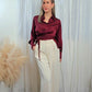 Ingrid Long Sleeve Burgundy Satin Wrap Waist Blouse