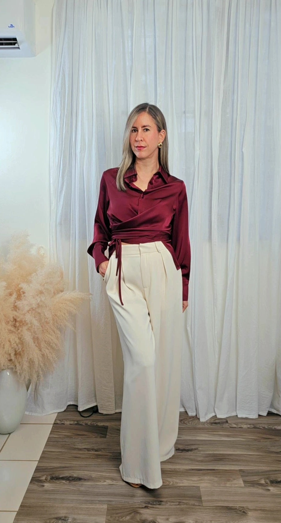 Ingrid Long Sleeve Burgundy Satin Wrap Waist Blouse